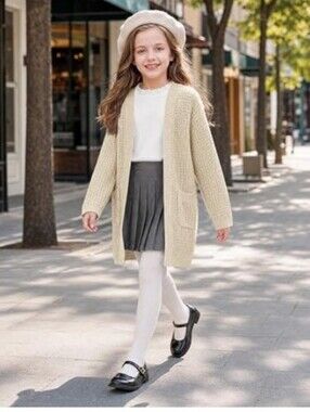 Girls Cardigan Sweater Kids Open Front Sweaters Outerwear Apricot